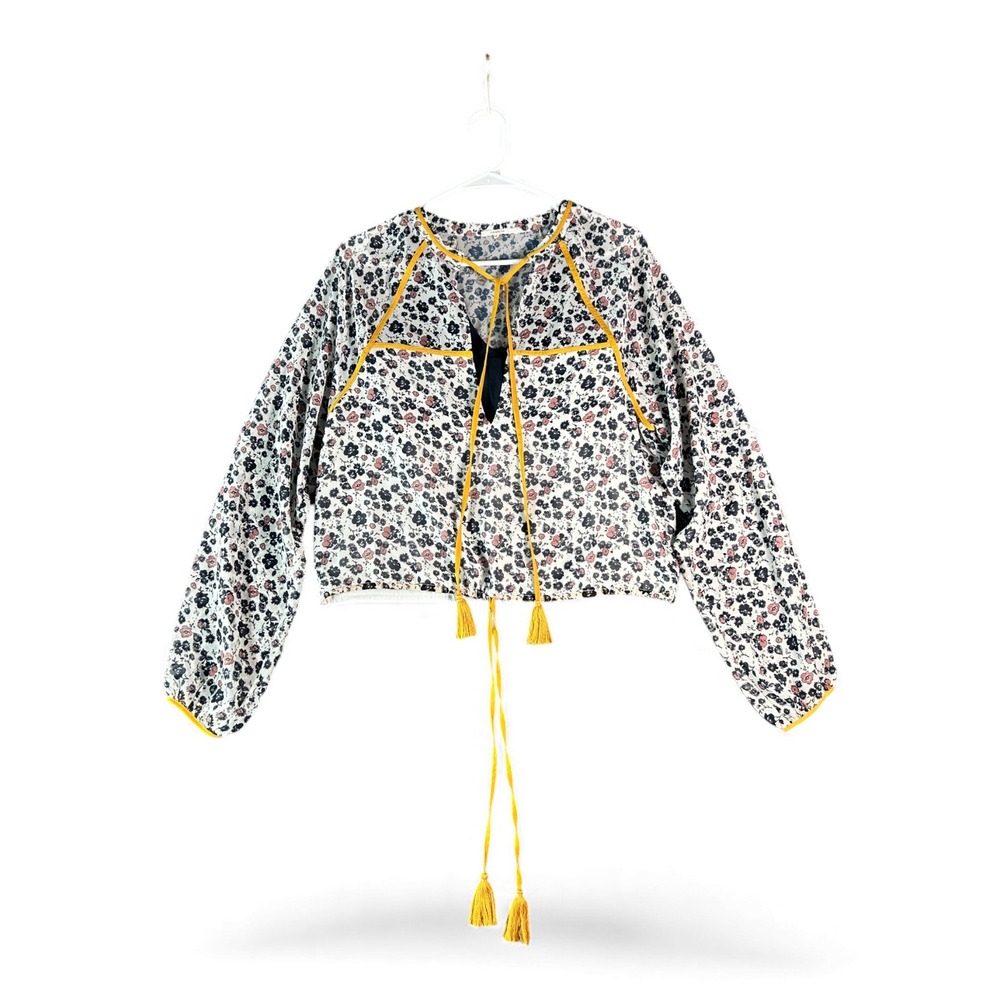 TULAROSA Floral Print Long Sleeve Blouse Yellow Trim Tassel Tie Neck Women's